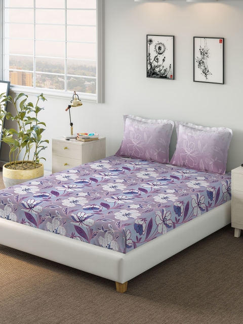 

DDecor Purple Floral 144 TC Cotton 1 Queen Bedsheet with 2 Pillow Covers