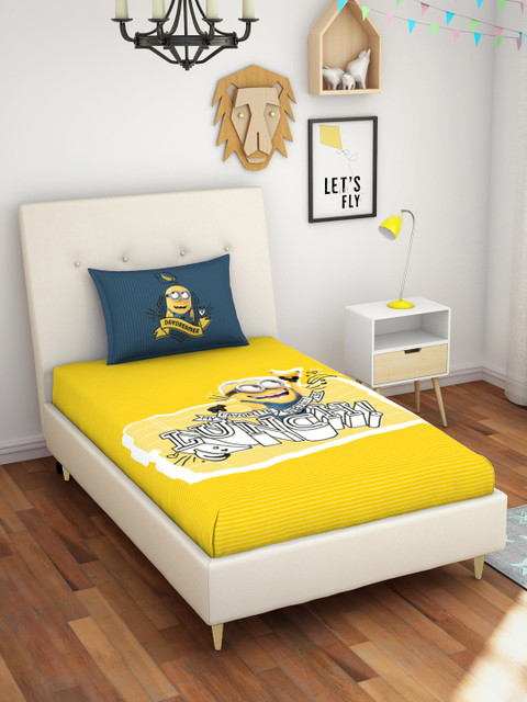 

SPACES Yellow Cartoon Characters 180 TC Cotton Single Bedsheet with 1 Pillow Cover