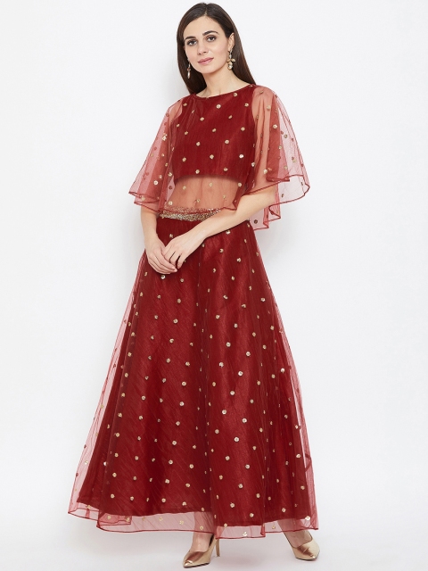 

Studio Rasa Women Maroon Net Sequins Embroidered Lehenga Set