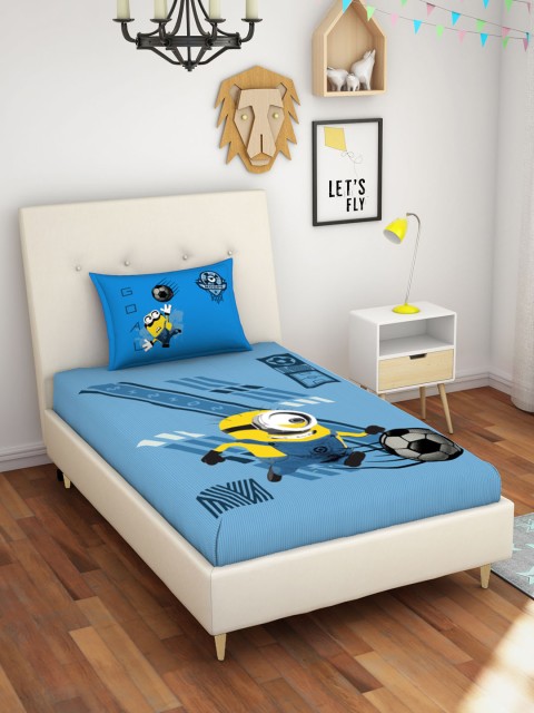 

SPACES Blue & Yellow Cartoon Characters 180 TC Cotton Single Bedsheet with 1 Pillow Covers