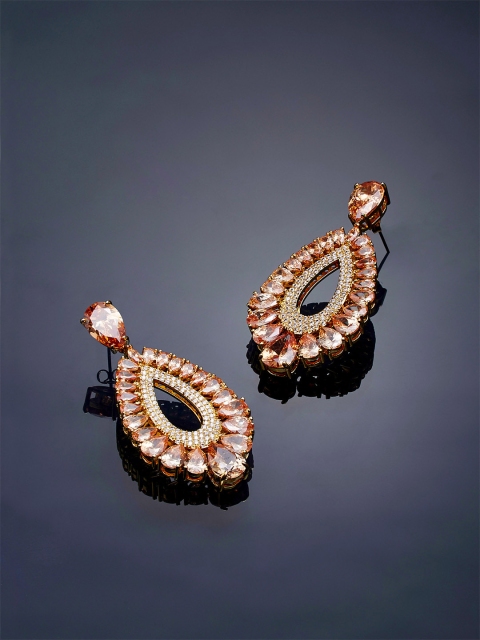 

shaze Women Gold-Toned & Red Gold-Plated CZ Stoned-Studded Oval Drop Earrings