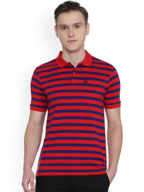 

Van Heusen Sport Men Red & Navy Blue Striped Polo Collar T-shirt