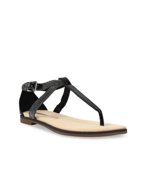 Clarks Women Black Solid Leather T-Strap Flats