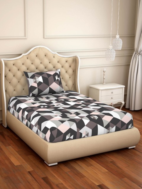 

SPACES Grey & Black Abstract 144 TC Cotton Single Bedsheet with Pillow Cover