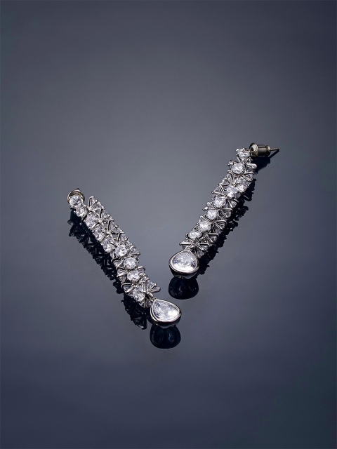

shaze Silver-Toned Silver-Plated CZ Stone-Studded Quirky Drop Earrings