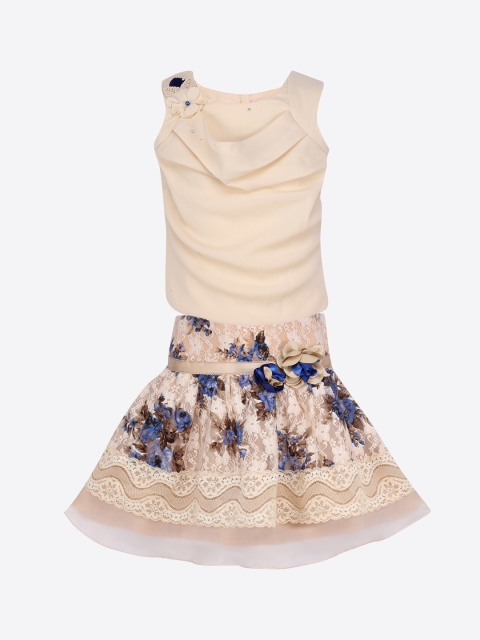 

CUTECUMBER Girls Beige & Blue Solid Top with Skirt