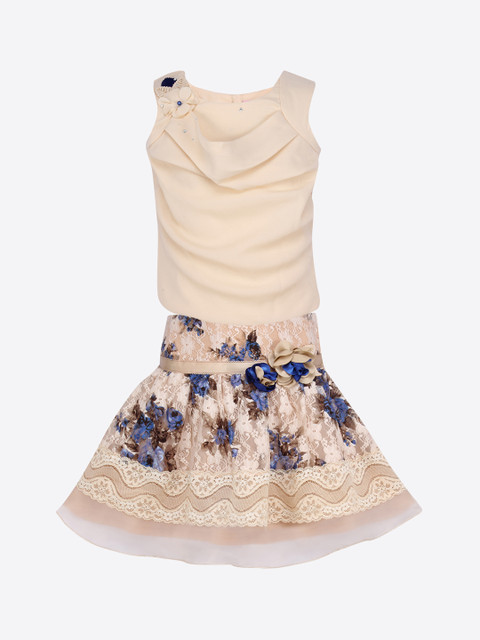 

CUTECUMBER Girls Beige & Blue Solid Top with Skirt
