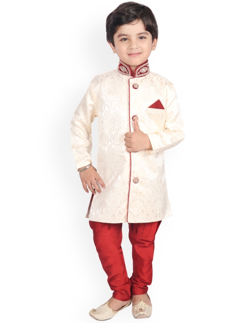 

SG YUVRAJ SHERWANI Boys Cream-Coloured & Red Sherwani Set