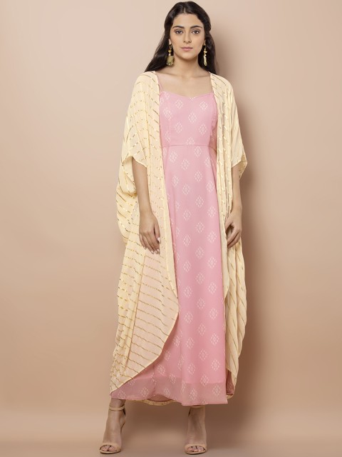 

INDYA Pink & Beige Printed Maxi Dress With Ivory Foil Jacket