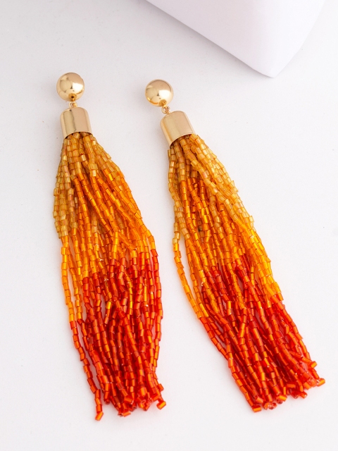 

Voylla Yellow & Orange Contemporary Handcrafted Brass-Plated Tasselled Earrings