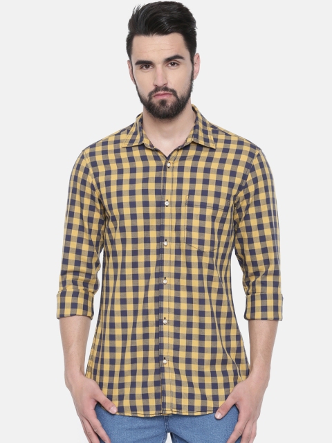 

IMYOUNG Men Yellow & Navy Blue Slim Fit Checked Casual Shirt