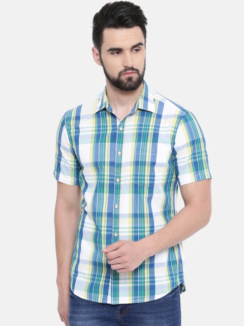 

IMYOUNG Men White & Green Slim Fit Checked Casual Shirt