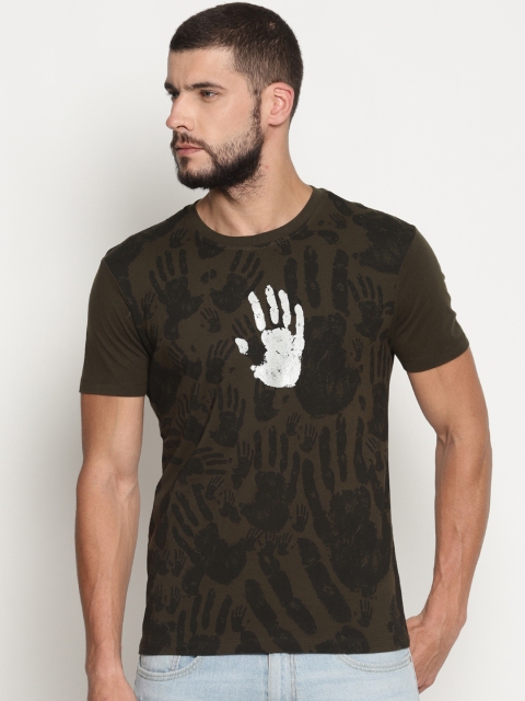 

Wolfpack Men Olive Green Printed Round Neck T-shirt