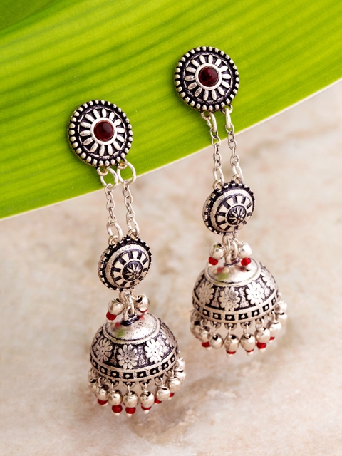 

Voylla Oxidised Silver-Plated Stone-Studded & Beaded Dome Shaped Jhumkas