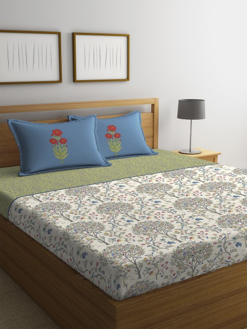 

Portico New York Off-White & Blue Floral 144 TC Cotton 1 King Bedsheet with 2 Pillow Covers