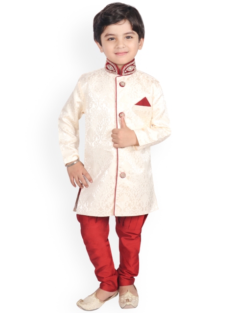 

SG YUVRAJ SHERWANI Boys Cream-Coloured & Red Sherwani Set