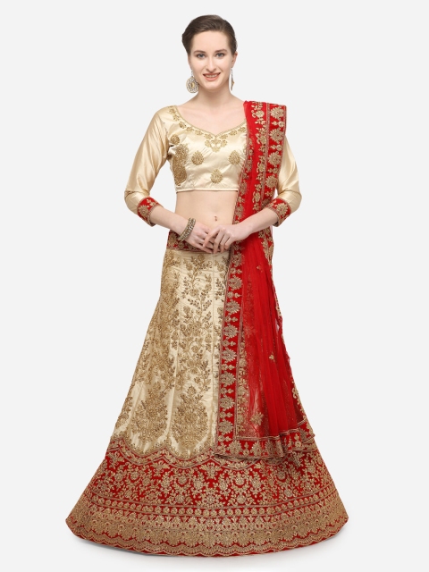 

V SALES Beige & Red Solid Semi-Stitched Lehenga & Unstitched Blouse with Dupatta