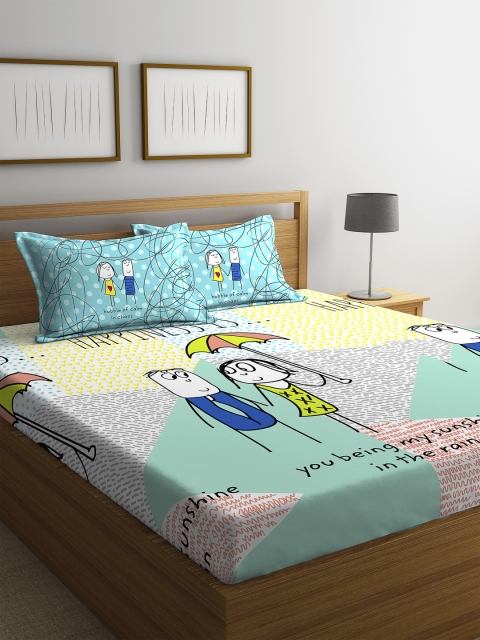 

Portico New York Blue & Yellow Graphic 144 TC Cotton 1 King Bedsheet with 2 Pillow Covers