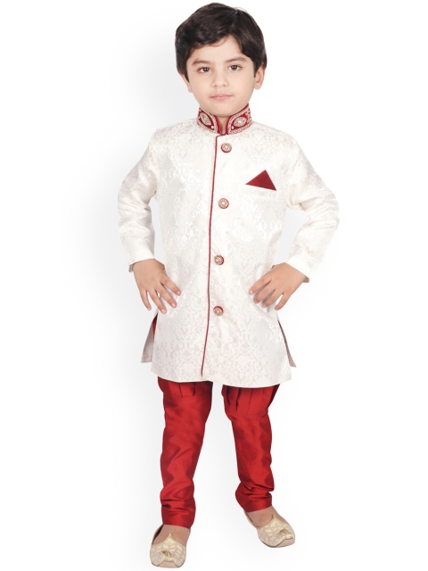 

SG YUVRAJ SHERWANI Boys Cream-Coloured & Red Sherwani Set, White