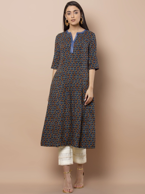 

INDYA Women Blue Printed A-Line Kurta