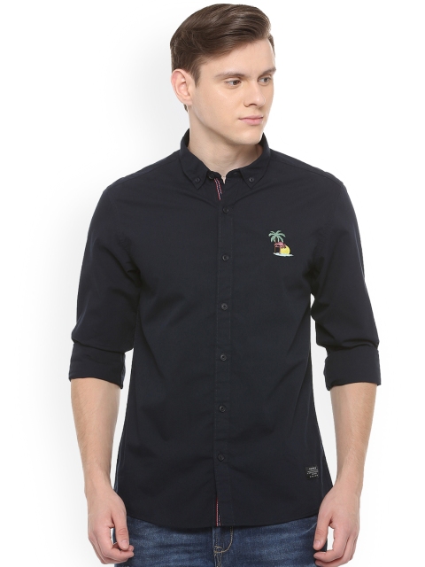 

People Men Navy Blue Regular Fit Printed Casual Shirt