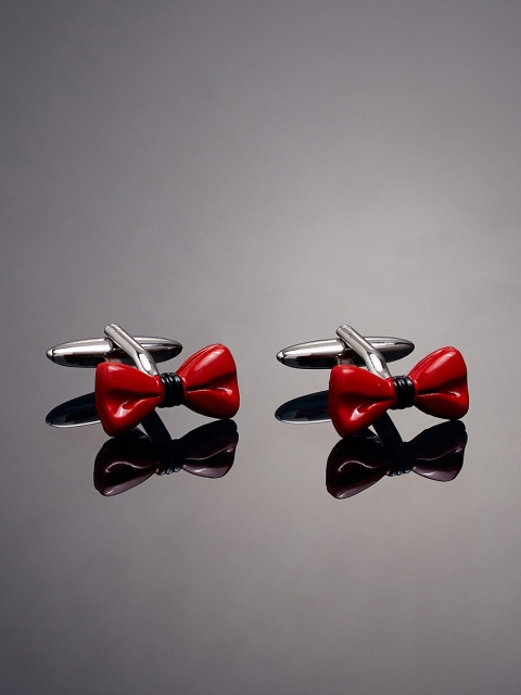 

shaze Red Silver-Plated Bow Shaped Contemporary Cufflinks