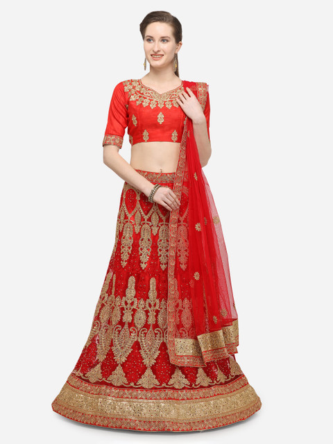 

V SALES Red Semi-Stitched Lehenga & Blouse with Dupatta