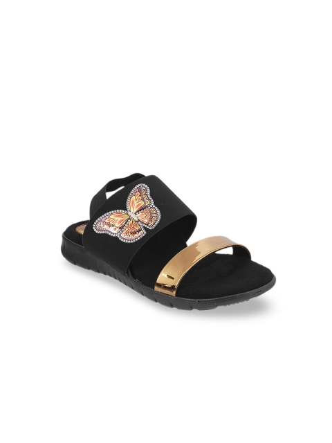 

SOLE HEAD Women Gold-Toned & Black Solid Open Toe Flats