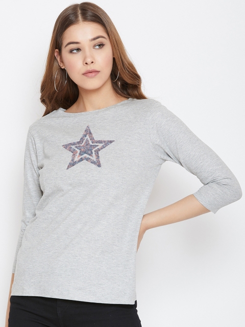 

PURYS Women Grey Solid Round Neck T-shirt