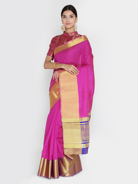 

Chhabra 555 Pink & Blue Art Silk Colourblocked Banarasi Saree