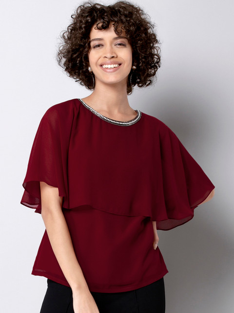 

FabAlley Women Maroon Solid Cape Top