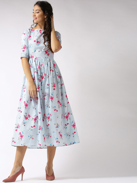 

Sera Women White & Blue Printed Fit and Flare Dress