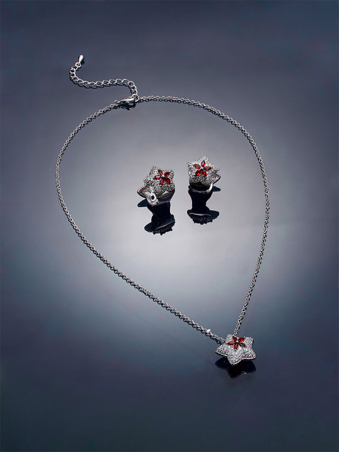 

shaze Women Red & Silver-Plated Stone-Studded Jewellery Set