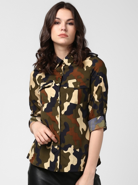 

StyleStone Women Olive-Brown Regular Fit Camouflage Casual Shirt