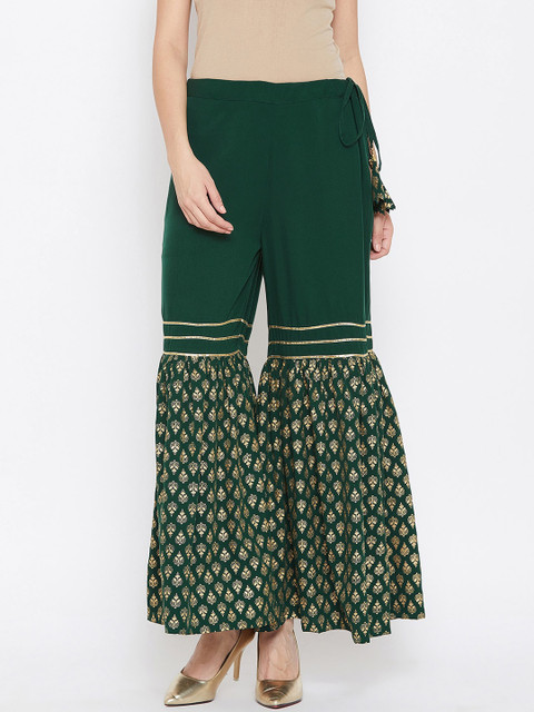 

Studio Rasa Women Green Crepe Hand Block Printed Tiered Sharara