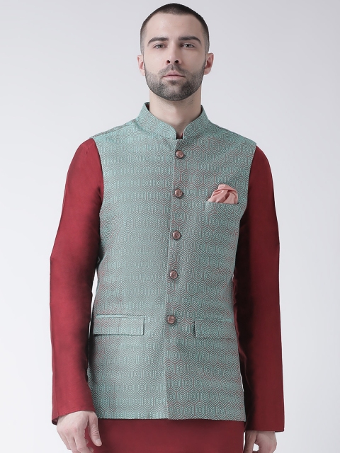 

KISAH Men Green Woven Design Nehru Jacket