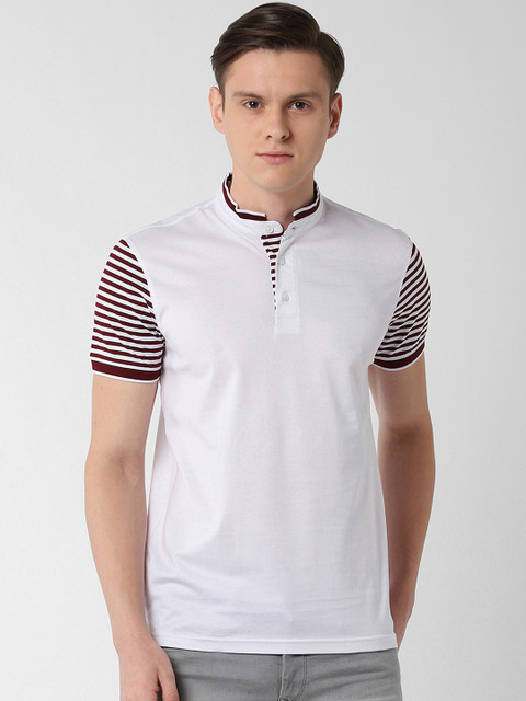 

Peter England Casuals Men White Striped Mandarin Collar T-shirt