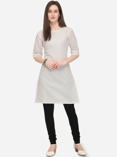 

mf Women White Embroidered Straight Kurta