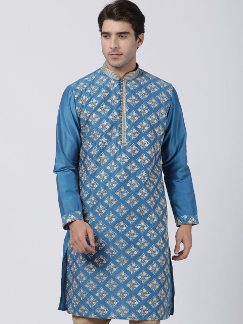 

VASTRAMAY Men Blue & Off-White Embroidered Straight Kurta
