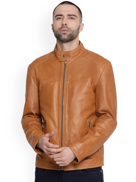 

Justanned Men Tan Brown Solid Leather Biker Jacket