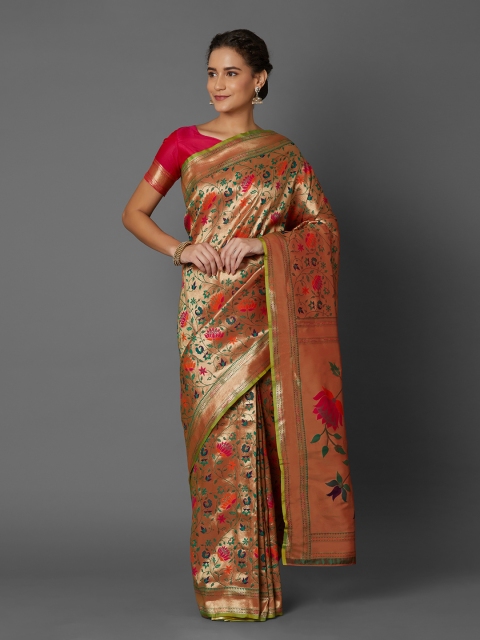 

Mitera Gold-Coloured & Orange Silk Blend Woven Design Banarasi Saree