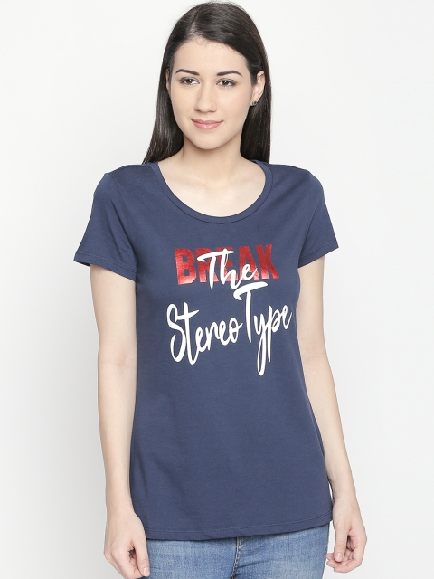 

Honey by Pantaloons Women Navy Blue Printed Round Neck Pure Cotton T-shirt
