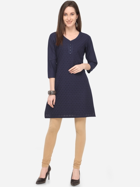 mf Women Navy Blue Self Designed Straight Kurta