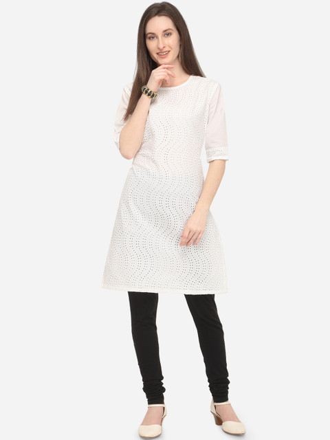 

mf Women White Embroidered Straight Kurta