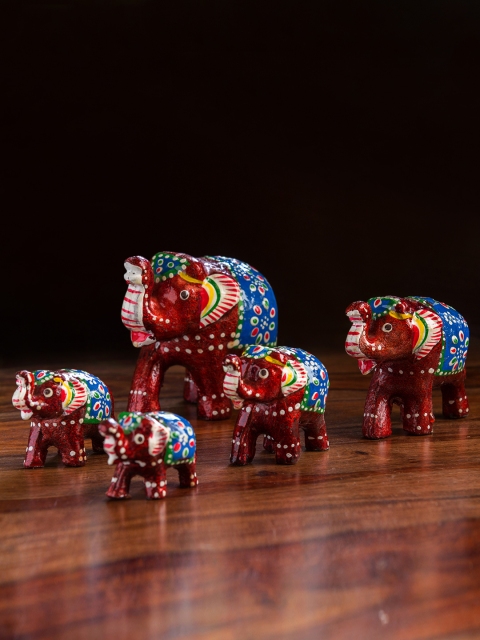 

ExclusiveLane Set of 5 Maroon & Blue Handcarved Elephants Showpiece