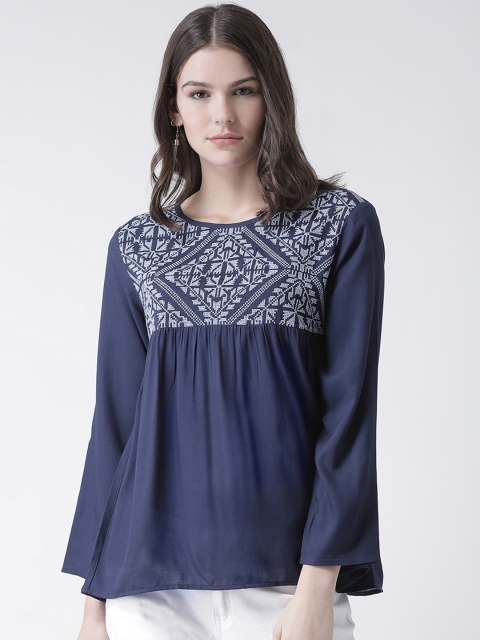 

The Vanca Women Navy Blue Printed A-Line Top