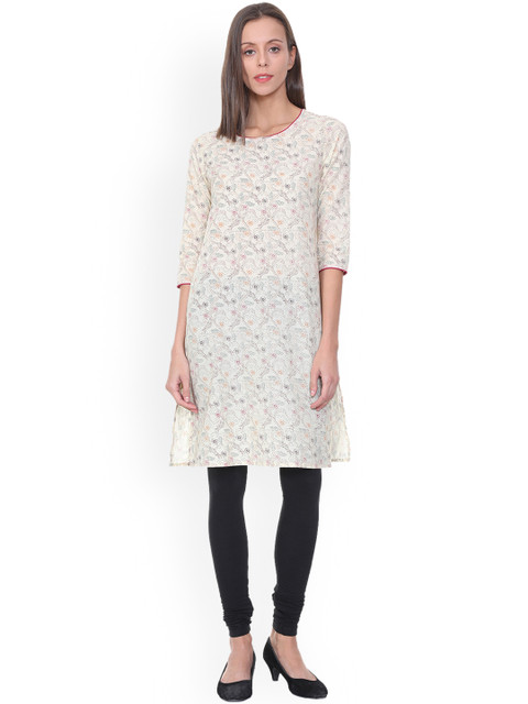 

People Women White Printed Straight Kurta