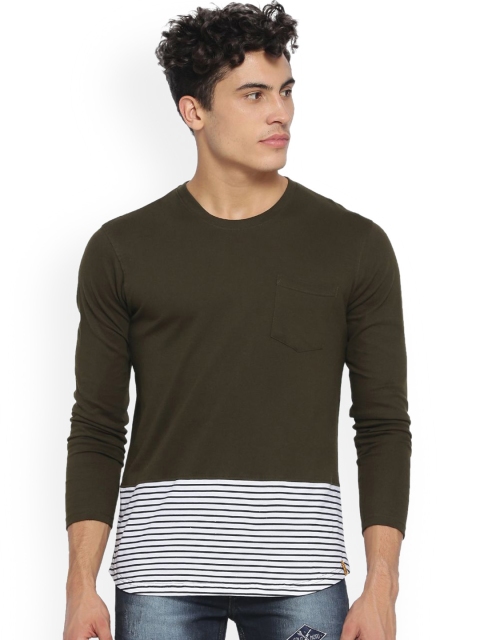 

Campus Sutra Men Olive Green Striped Round Neck T-shirt