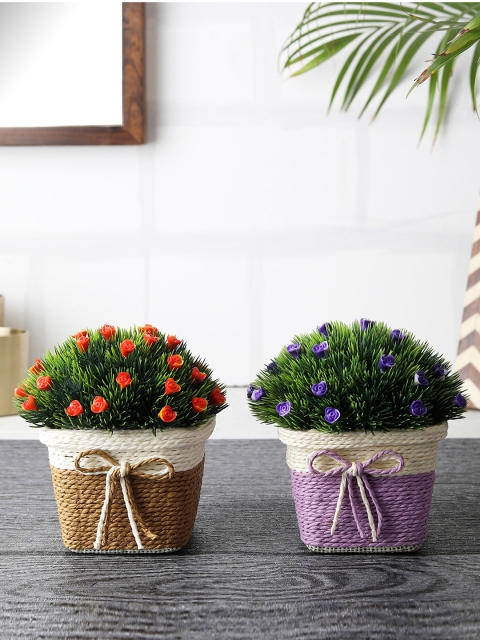 

FOLIYAJ Set of 2 Green, Purple & Orange Artifical Bushes With Pots
