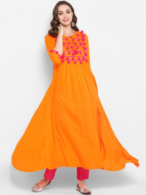

MBE Women Orange Embroidered A-Line Kurta